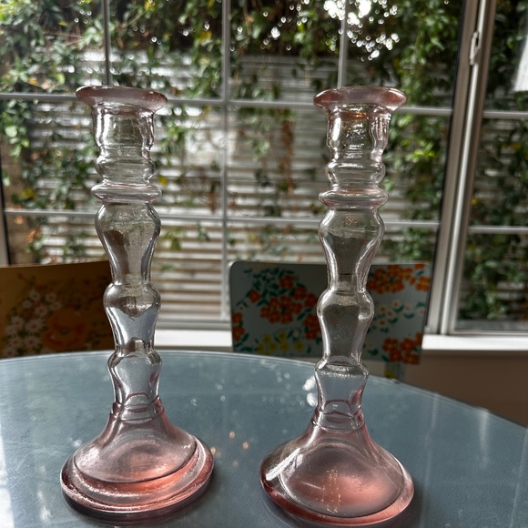 Vintage Glass Pink Candlestick Holders - Picture 2 of 3